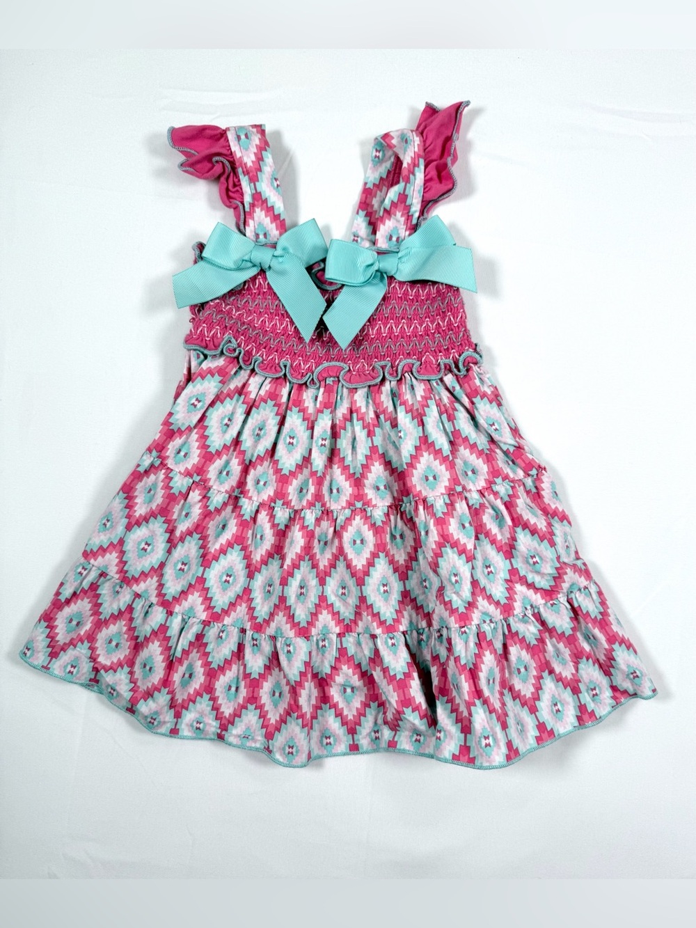SOPHIE ROSE Girls Smocked Bow Tiered Dress Size 12M Pink Aqua Aztec Boutique